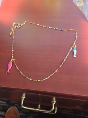 0Gold Multicolor Beaded Necklace with Pink and Blue Fish Charms